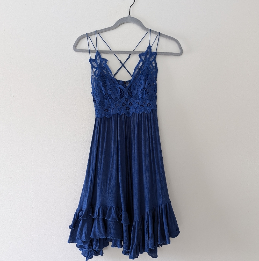 Free People FP One Adella Slip Mini Dress Crochet Lace Blue Cross Back